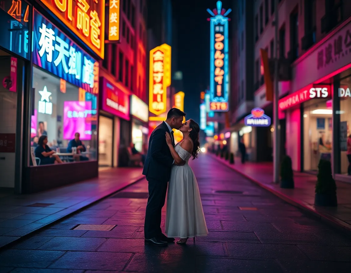 Couple Kissing Under Neon Lights This dynamic image captures a couple sharing an affectionate kiss under vibrant neon lights in a bustling city ambiance. The cool blue and magenta reflections on the wet pavement create a striking contrast with the muted background. The Dutch angle composition adds visual tension, drawing attention to their intimate moment. The sharp details and textures of the urban setting enhance the vibrant nightlife atmosphere.