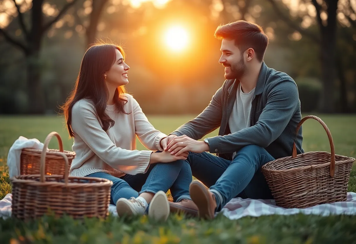 This tranquil image portrays a couple enjoying an intimate picnic in a serene park during the early morning light. The soft, diffused golden glow envelops them, enhancing the peaceful atmosphere. Their hands are gently intertwined, symbolizing their connection amidst a calm and romantic setting. Dressed casually, with a picnic basket hinting at delightful moments spent together, the pastel color palette further complements the serene mood, making this image a beautiful capture of love in a natural environment.