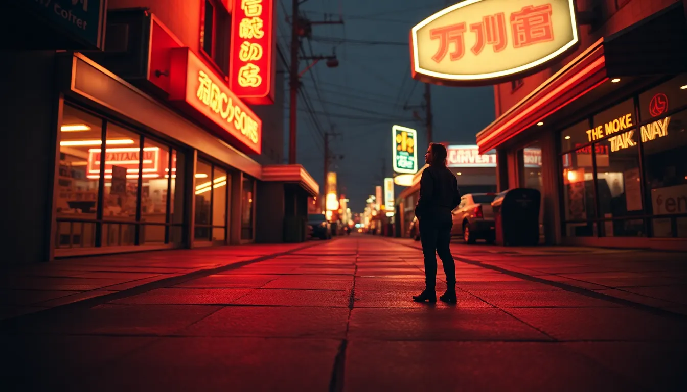 Couple Under Neon Lights at Night A couple stands under vibrant neon signage, with reflections shimmering on the wet pavement, creating an electrifying atmosphere. The couple, dressed stylishly for a night out, shares a moment of connection amidst the urban landscape. The Dutch angle composition adds dynamic energy to the scene, highlighting the colorful surroundings and their stylish attire.
