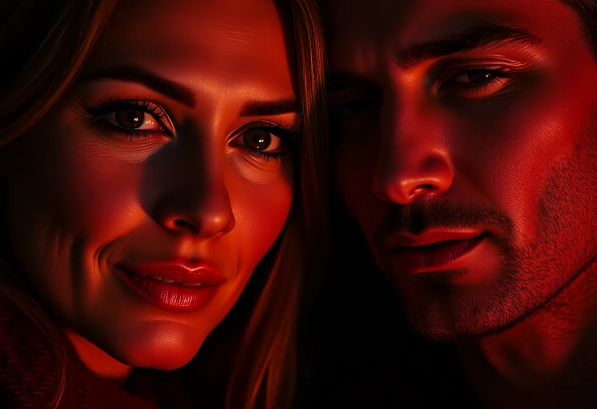 This striking portrait emphasizes the passionate connection between a couple, captured with dramatic Rembrandt lighting. Their faces are illuminated against a dark background, highlighting the rich tones of red and gold in their clothing and surroundings. The moderate depth of field brings their emotional expressions into sharp focus, while the gentle blurring around them deepens the intimacy of the image. The visible texture of their skin adds a layer of realism, enhancing the emotional impact of this moment.