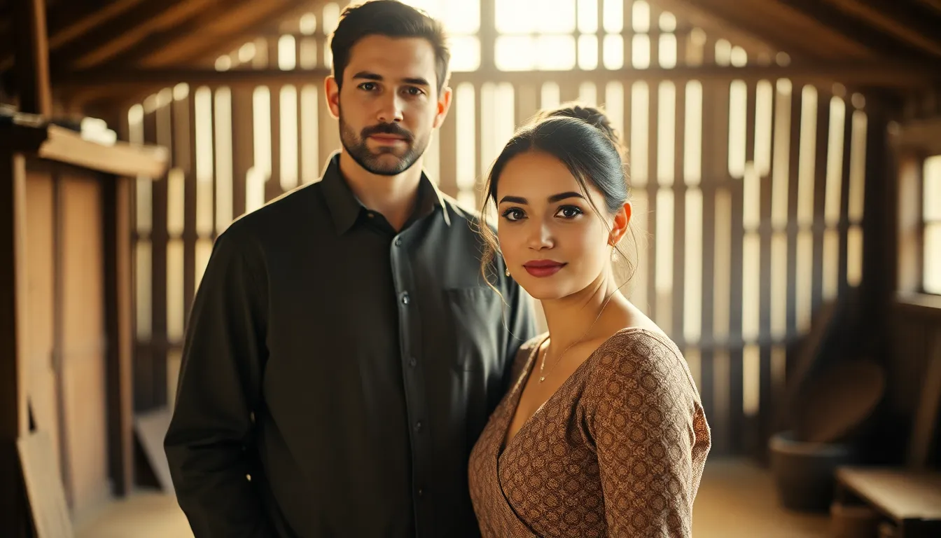 Couple in a Rustic Indoor Setting A couple shares a tender moment in a rustic indoor setting, illuminated with soft butterfly lighting that highlights their features. The warm skin tones and detailed textures of their clothing create a cozy and inviting atmosphere. The symmetrical composition pulls the viewer's eye to the couple as they interact, capturing a sense of intimacy and love.