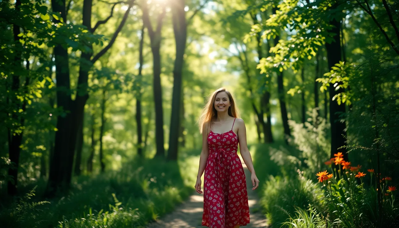 Couple Walking Hand-in-Hand in Forest This vibrant image captures a couple joyfully walking hand-in-hand along a sunlit forest trail. Dappled sunlight filters through the tree canopy, creating enchanting bokeh highlights. The saturated colors evoke a rich, lively atmosphere, while the composition uses leading lines to draw viewers into the scene. Their soft smiles and colorful outdoor attire enhance the connection with nature and each other.