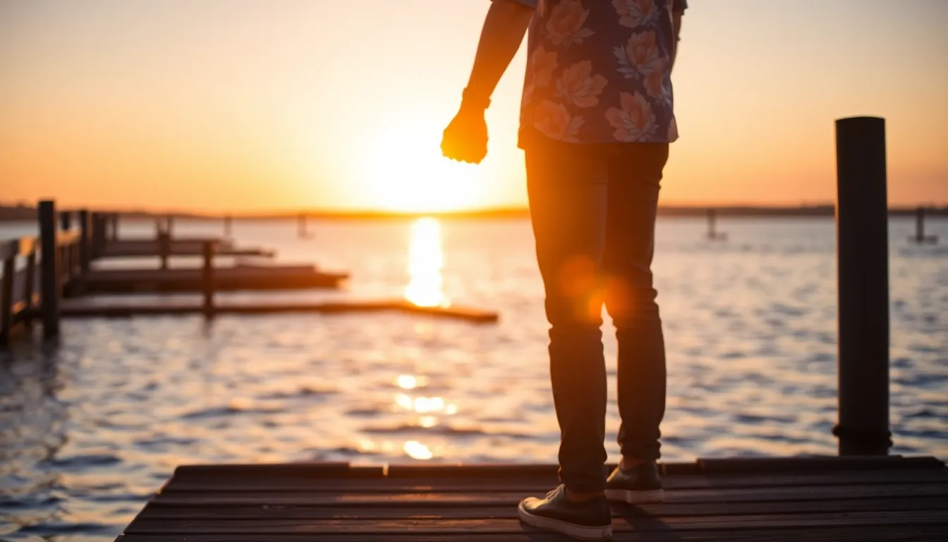 As the sun sets, a couple stands hand-in-hand at the water's edge, their silhouettes glowing against the vibrant sky. The golden hour light beautifully highlights their connection, while rich tones of red and yellow create a stunning backdrop. The couple's posture suggests comfort and unity, with their hands intertwined capturing the essence of intimacy. The rough wooden dock beneath them adds an organic touch to this idyllic moment in nature.