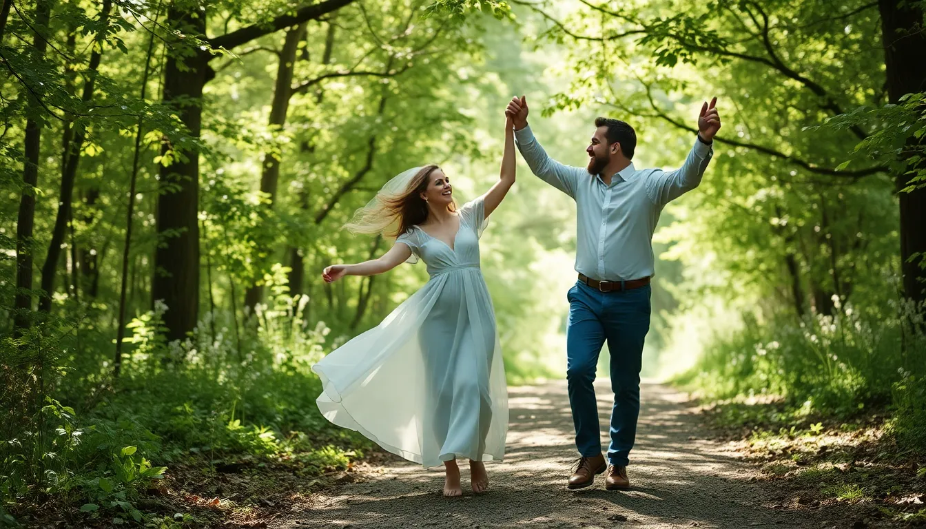 This enchanting photograph captures a couple dancing together on a beautiful forest path, surrounded by nature's vibrant textures. The dappled sunlight filters through the tree canopy, casting captivating patterns on the ground and enhancing the romance of the scene. Their carefree joy is palpable, enhanced by the flowing fabrics of their clothing that sway with their movements. The harmonious combination of soft greens and earthy tones creates an atmosphere of tranquility and love.
