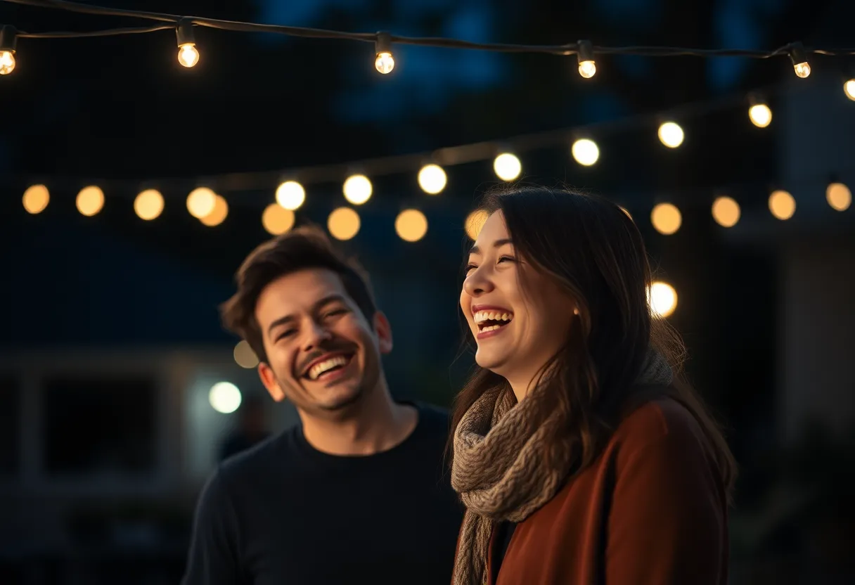 Couple Laughing Under Fairy Lights