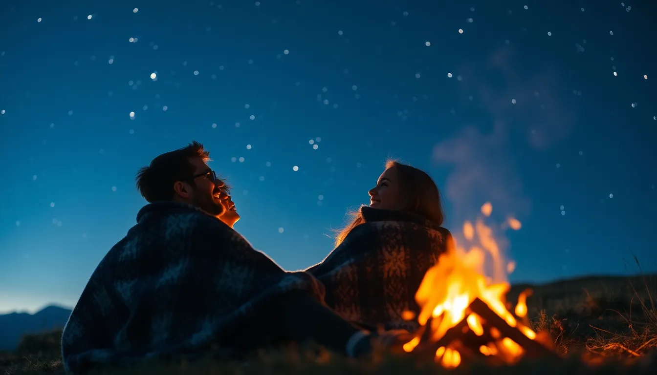 Couple Stargazing by Campfire Beneath a twinkling starry sky, a couple cuddles under a cozy blanket on a hilltop, warmed by the glow of a crackling campfire. The ambiance radiates warmth and intimacy, as flickering firelight dances across their faces. Surrounded by deep blues of the night sky, the colors enrich the magical moment of stargazing. The dreamy quality of the image captures the couple's connection, elegantly framed in an expansive night setting.