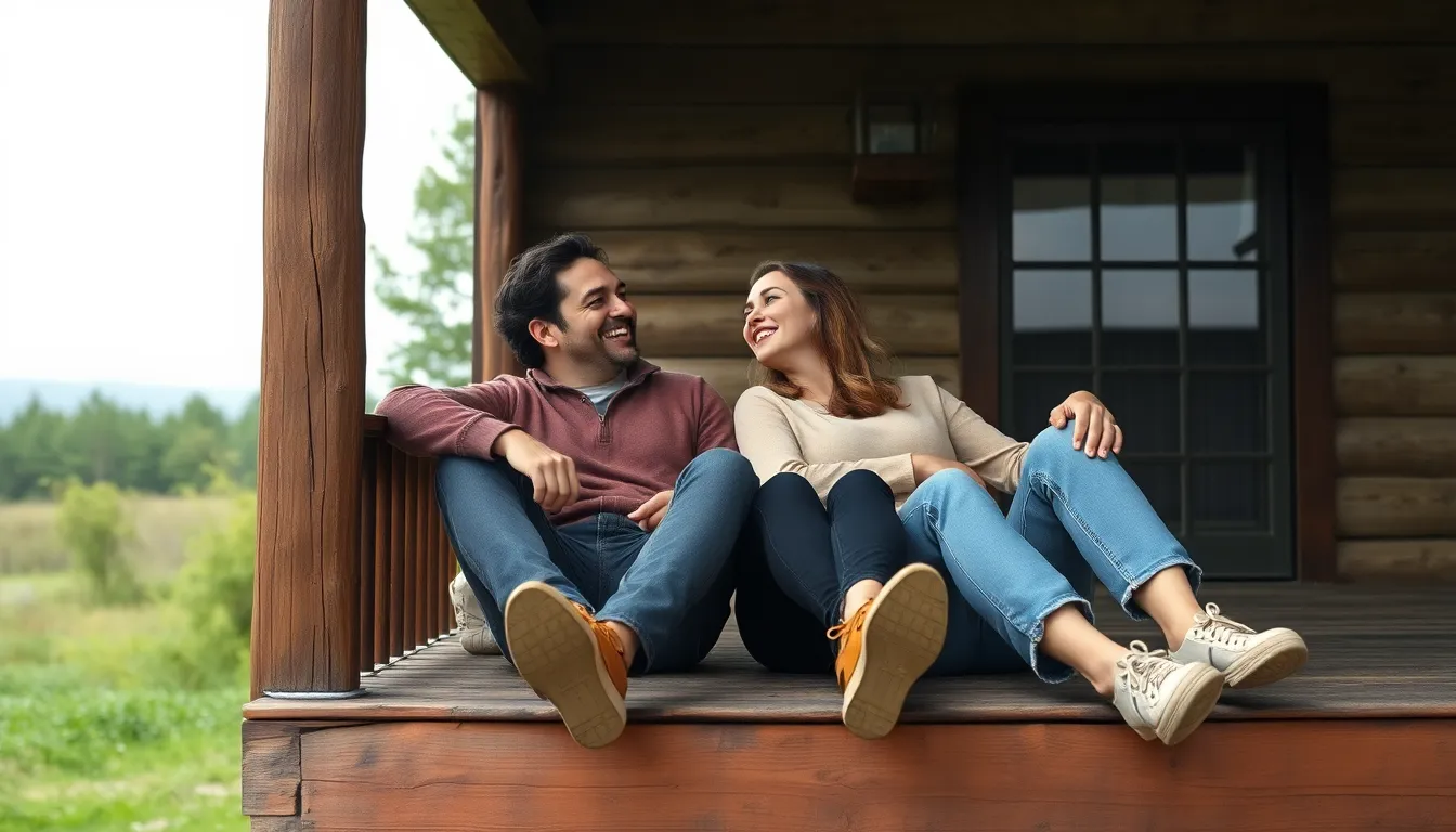 This candid photograph depicts a joyful couple lounging on a rustic wooden porch, surrounded by nature. The overcast sky provides soft, diffused daylight that enhances the natural muted tones of their attire and surroundings. The couple's laughter reflects their happiness, while the textures of the weathered wood and greenery add depth to the scene. A rule of thirds composition focuses on their joyful moment, with a pleasing bokeh background.