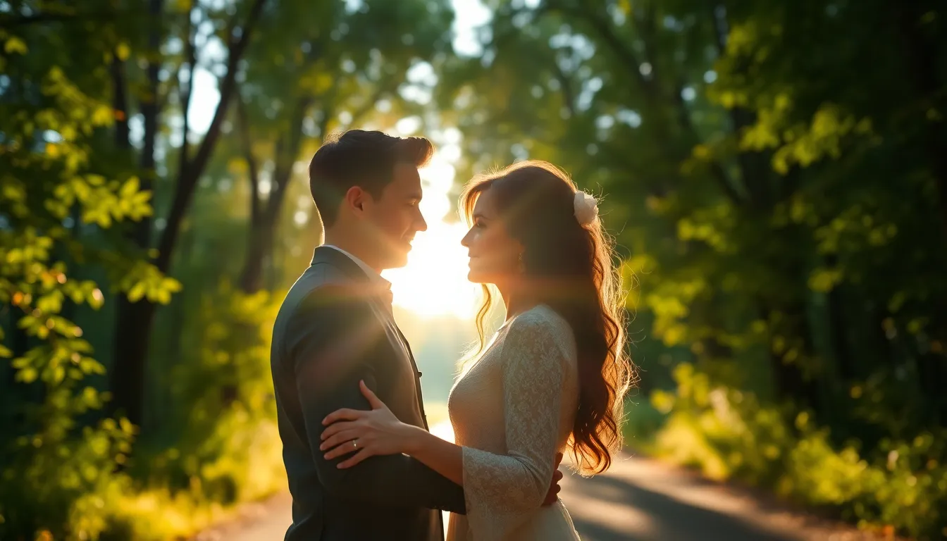 Surrounded by a vibrant forest, a couple shares a tender embrace, framed by dappled sunlight filtering through the canopy above. The natural paths lead the viewer's eye to their loving expressions, enhanced by a cinematic color grading that deepens the romance. The lush greenery creates a striking contrast, while the soft bokeh adds an ethereal quality, capturing the magic of their connection in nature's embrace.