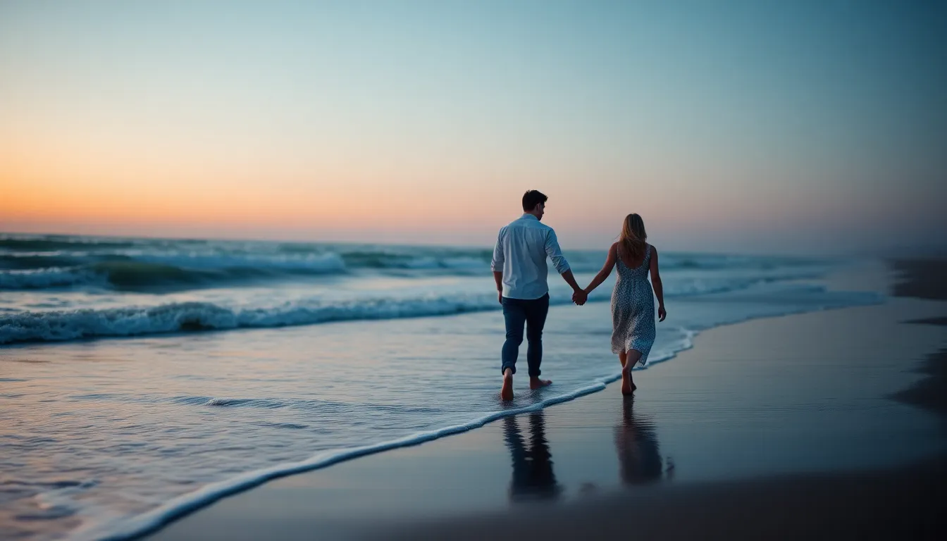 This romantic twilight scene shows a couple walking hand-in-hand along a serene beach as soft waves lap at their feet. The cool color palette of deep blues and soft pink highlights the tranquility of the moment. With the photographer using a telephoto lens to create a soft background blur, the couple is beautifully isolated, enhancing their connection. The leading lines of the shoreline guide the viewer's eye toward this tender moment, making it feel intimate and inviting.