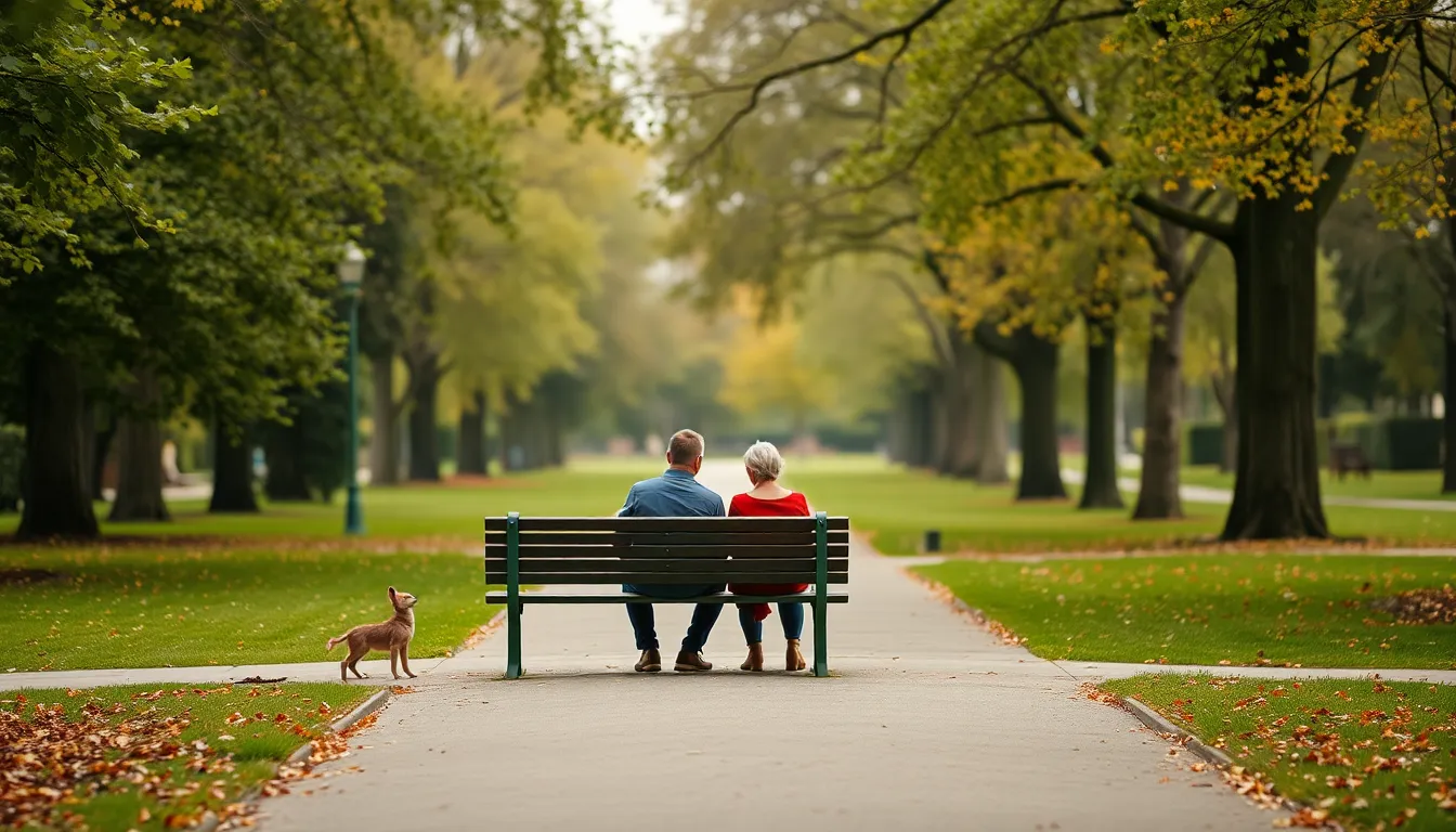 Couple Relaxing on a Park Bench A couple enjoys a quiet moment on a park bench, surrounded by lush greenery and soft overcast light. The image highlights their relaxed posture and content expressions, with the vibrant greens of the park enhancing the scene's tranquility. The gentle diffusion of light creates an inviting atmosphere, perfect for capturing the essence of companionship.