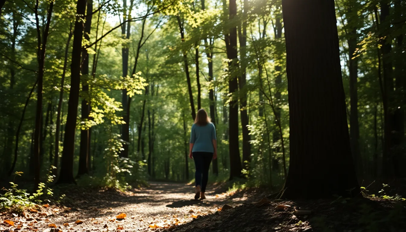 In this serene image, a couple strolls hand-in-hand along a forest trail, surrounded by lush greenery. The vibrant natural light filtering through the leaves creates dappling patterns on the path, enhancing the tranquility of the scene. The hyperfocal distance ensures every detail from the foreground to the background is sharp, and the earthy color palette reflects the beauty of nature. Leading lines of the path draw the viewer's eye toward the couple.