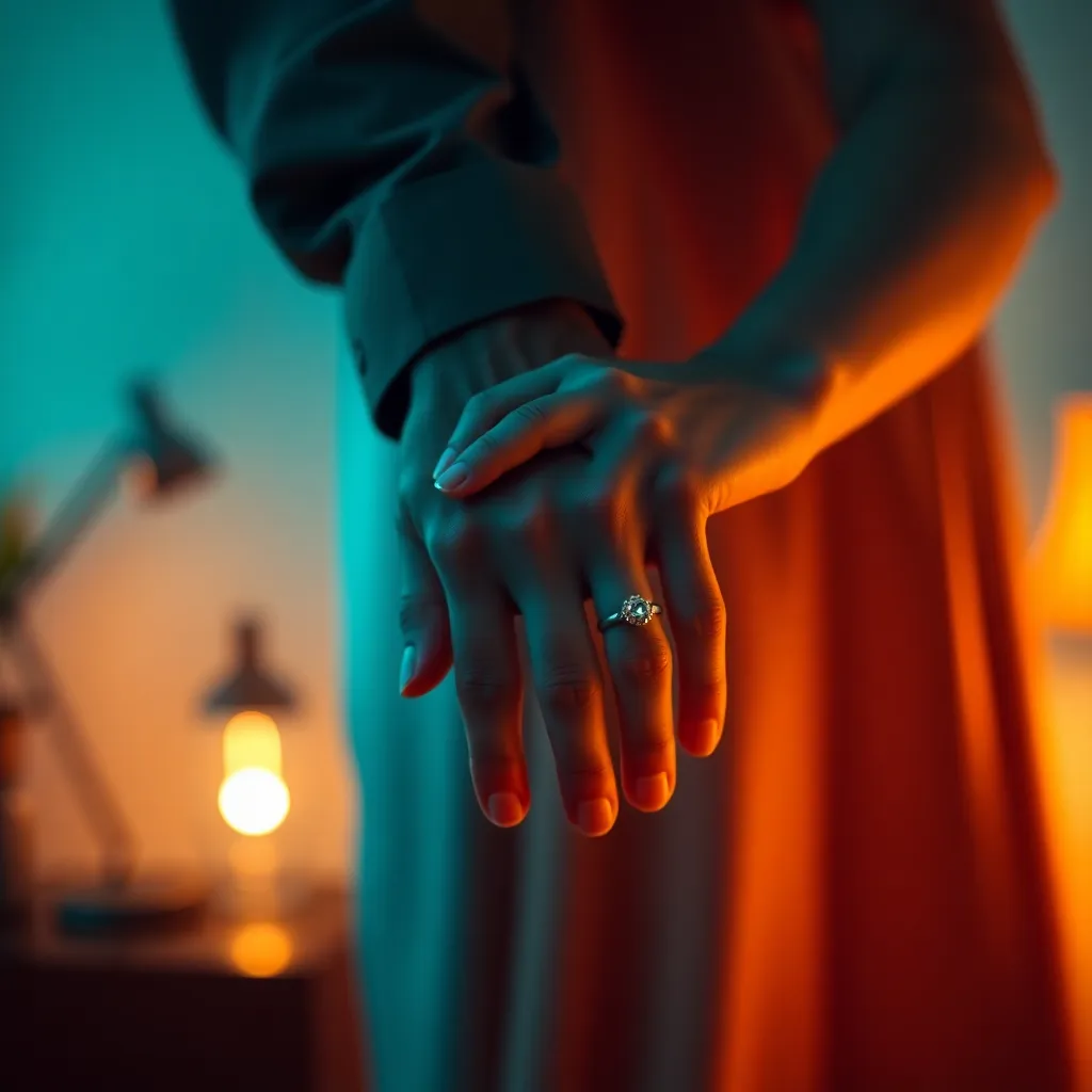 Intimate Hands of a Couple This close-up photograph captures the intimate moment of a couple's hands intertwined under the soft glow of a warm tungsten desk lamp. The selective focus emphasizes their wedding rings, symbolizing their bond, while the beautifully graded teal and orange tones create a cinematic feel. The background fades into a soft bokeh, enhancing the emotional connection conveyed in this enchanting image.