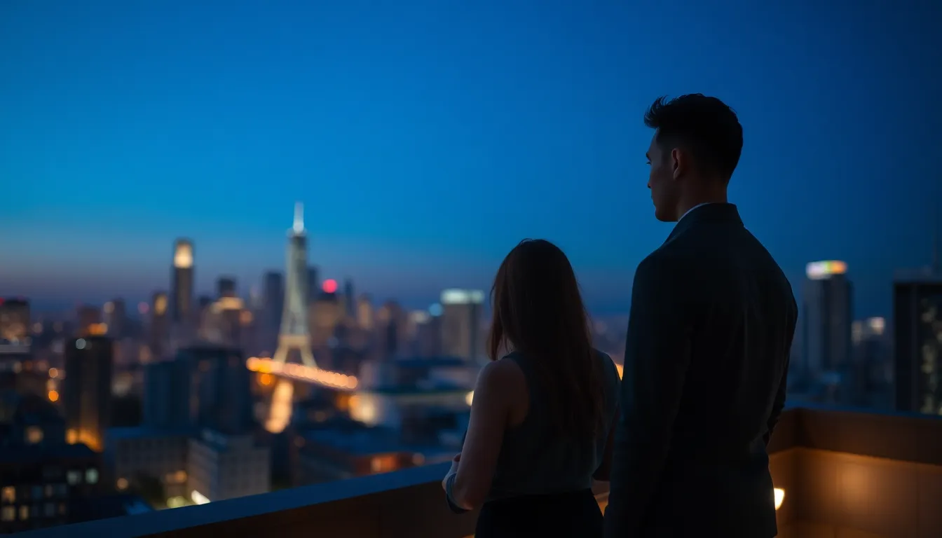 In this enchanting twilight photograph, a couple stands on a rooftop, captivated by the city skyline beneath them. The ambient glow from the twinkling city lights creates a romantic atmosphere, perfectly contrasting against the deep blues of the evening sky. Dressed in fashionable evening wear, their connection is palpable as they gaze into the distance. This composition beautifully frames the couple against the blurred backdrop of urban lights, encapsulating the essence of love in a vibrant city.