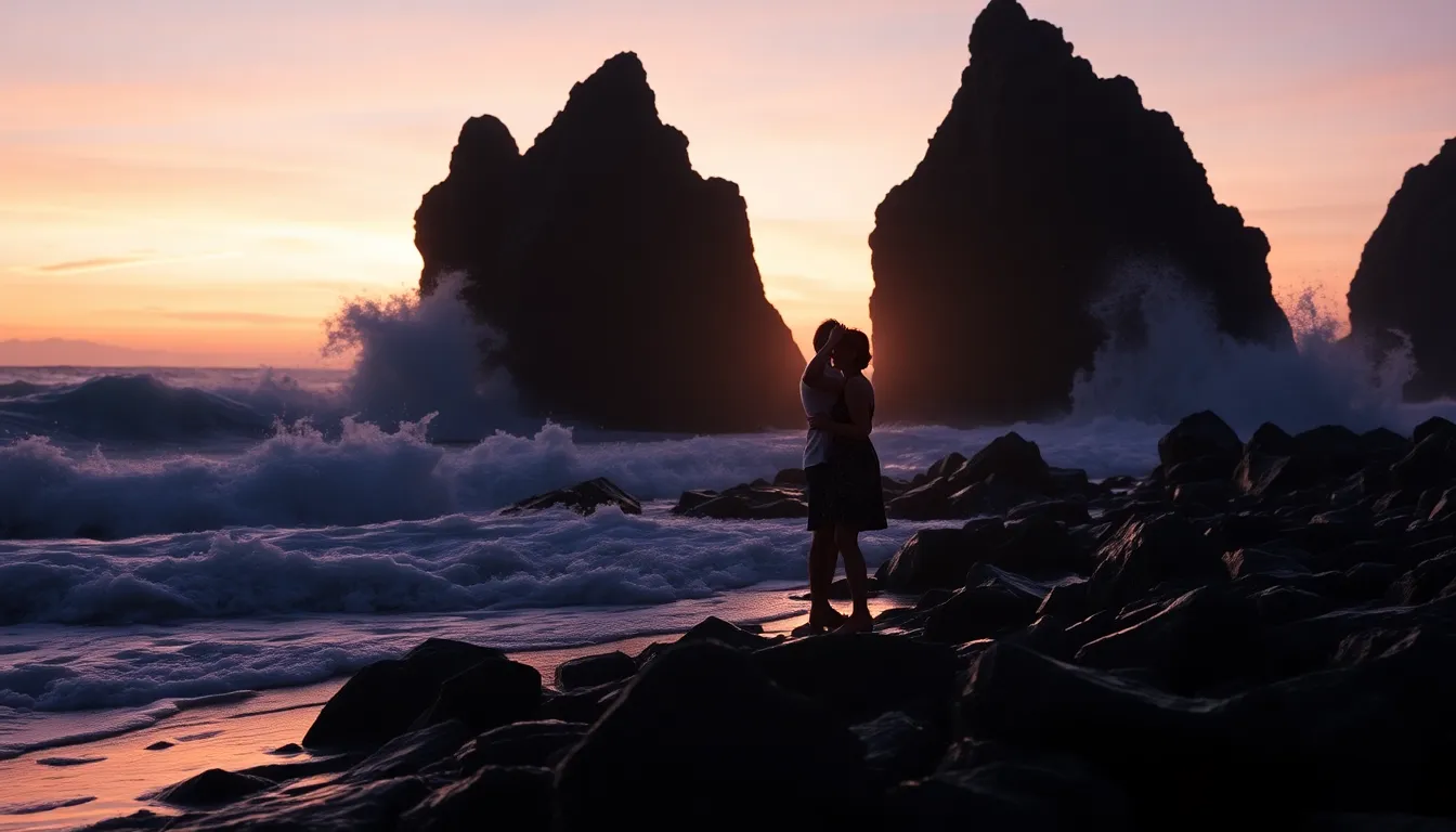 This captivating image captures a couple silhouetted against a stunning twilight sky on a rocky beach. The dramatic waves and soft colors enhance the mood, evoking a sense of adventure and connection. The strategically composed shot highlights their bond as they face the horizon, while the textures of the rocks and water enrich the visual narrative.