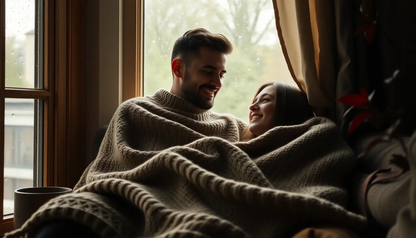 This intimate scene captures a couple wrapped in a cozy blanket by the window on a rainy day. The soft, overcast light enhances the warm earth tones and creates a romantic atmosphere. Their relaxed expressions and closeness evoke feelings of comfort and love. The background blurs softly, highlighting the couple’s bond amid the rainy ambiance.