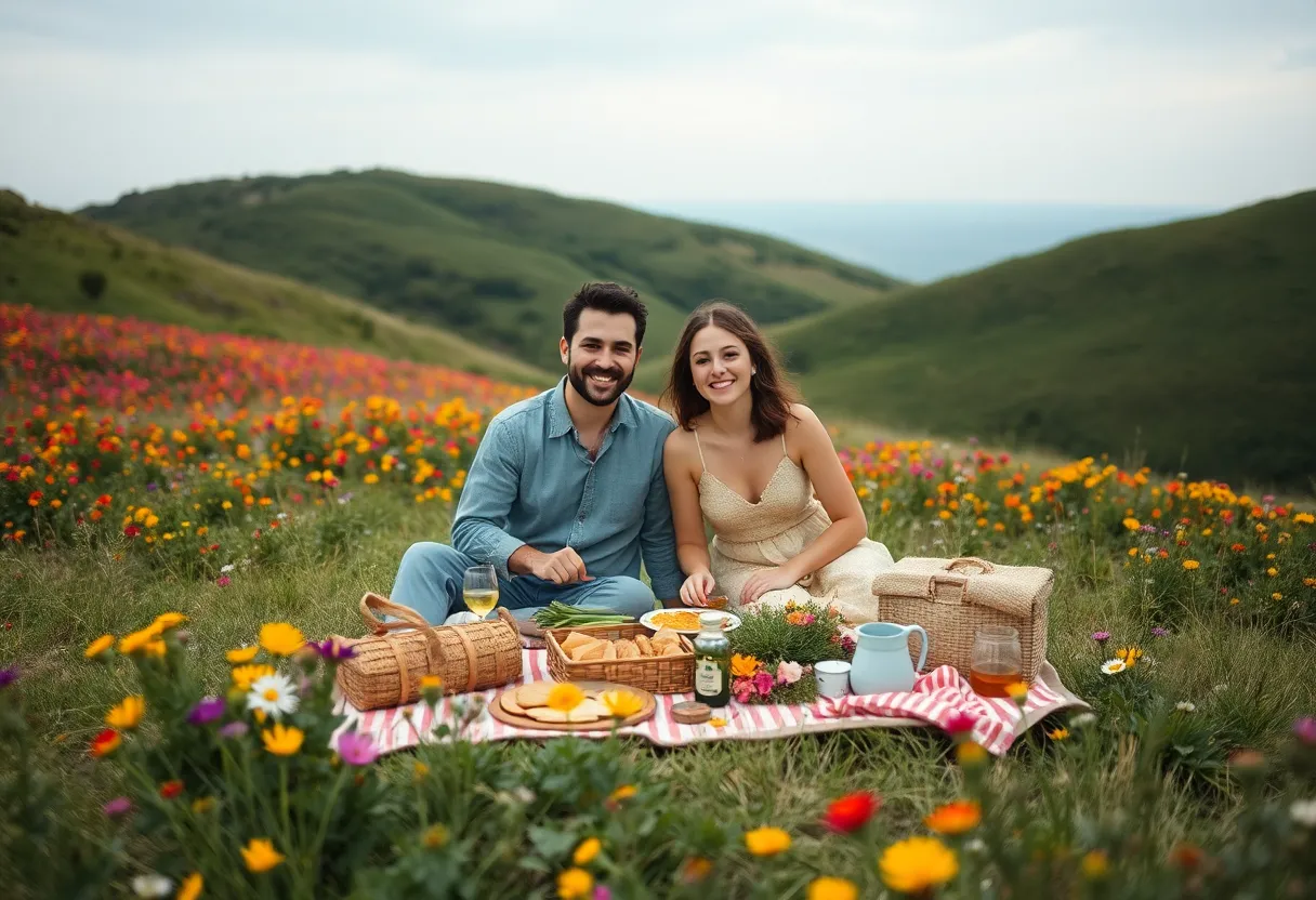 A couple is captured in the moment, enjoying a sunny picnic on a hillside dotted with wildflowers. Surrounded by nature, their laughter fills the air as they share food and each other’s company. The gentle, diffused light enhances the scene, making the vibrant colors of the flowers pop against the soothing greens of the grass, creating a joyful and inviting atmosphere.