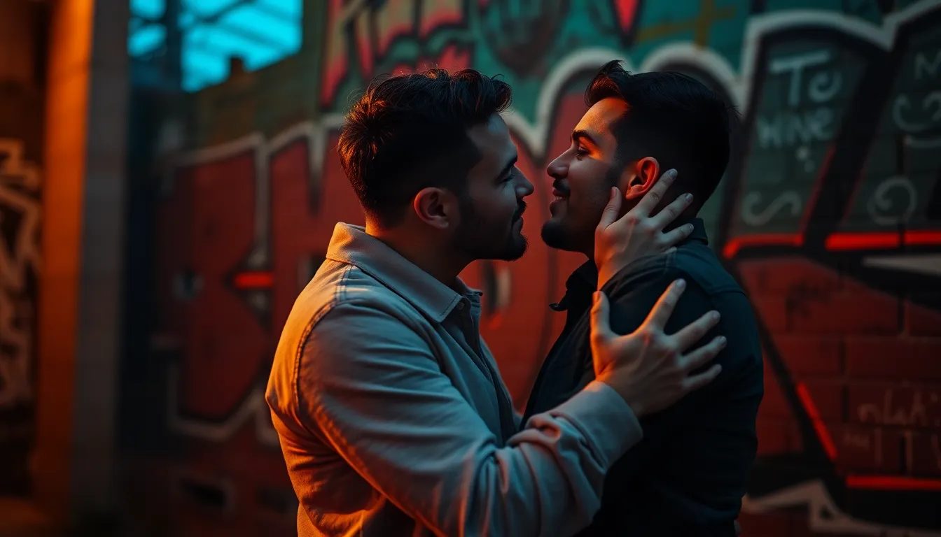 In a warmly lit indoor setting, a couple shares a heartfelt moment together, surrounded by shelves of books. The soft glow from a desk lamp highlights their joyful expressions as they connect over laughter. This intimate scene conveys warmth and tenderness, enhanced by the rich colors and textures of their surroundings, inviting viewers into their private world.