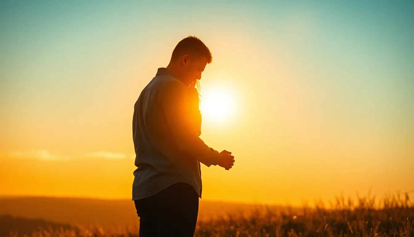 This stunning image captures a couple embracing on a hilltop during a golden hour sunset. The warm rim light creates a beautiful halo effect around them, while the cinematic color grading enhances the romance of the scene. Their silhouettes stand out against the vibrant sky, and the soft grass adds a natural element to the composition. The rule of thirds draws the viewer's eye to their tender moment.