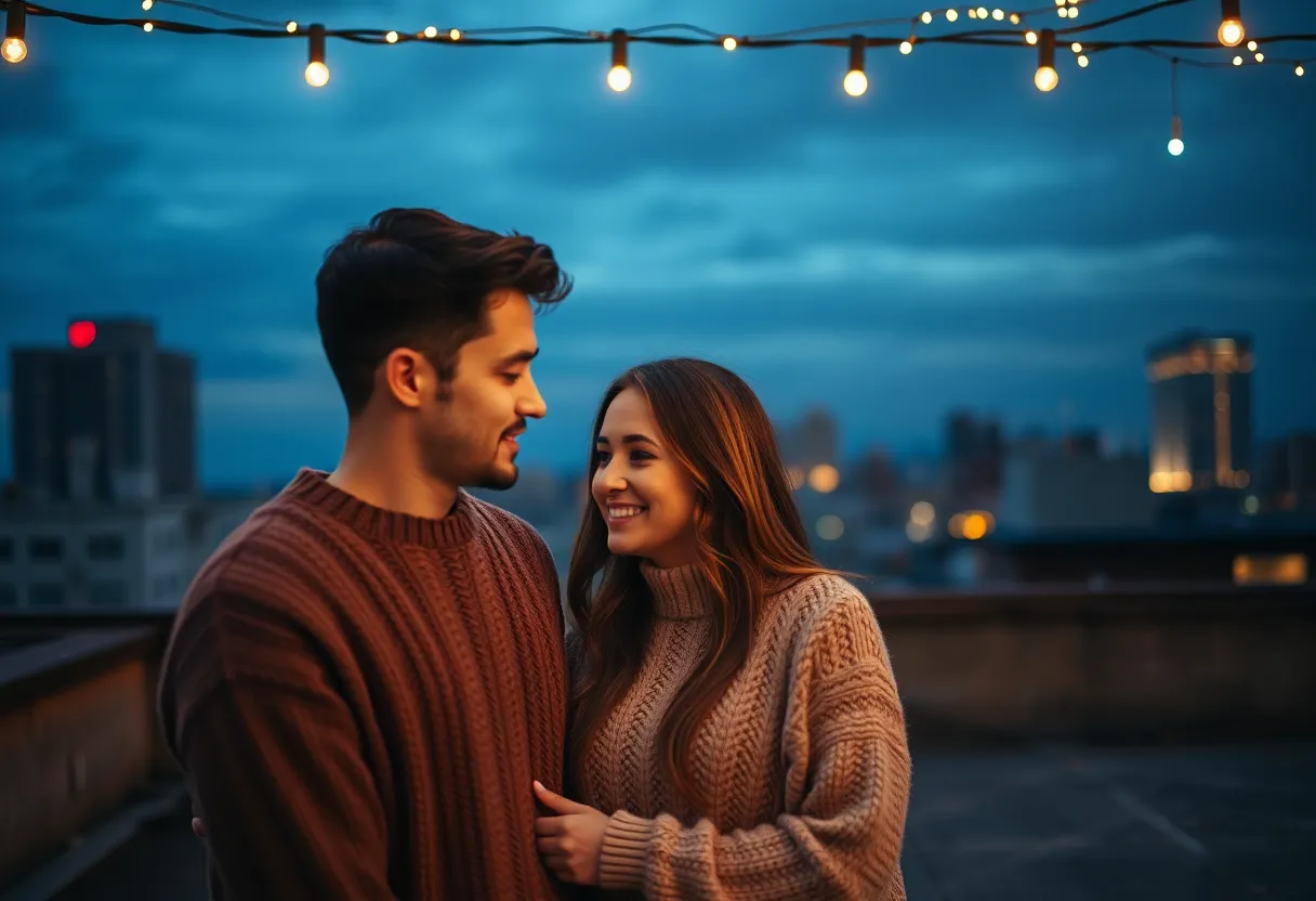 Couple on Rooftop with Fairy Lights This intimate portrait captures a couple sharing a tender moment on a rooftop adorned with glowing fairy lights during dusk. The warm illumination highlights their joyful expressions while softening the bustling cityscape behind them. Clad in cozy knitted sweaters, they exude warmth and love amidst the urban setting. The depth of field blurs the background, drawing focus to their connection, rendered in a palette of rich, muted tones.