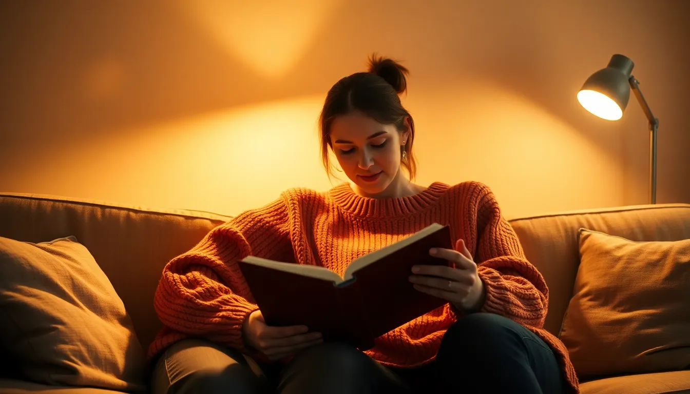 In this inviting living room scene, a couple cuddles on a plush couch while reading a shared book. The warm tones of the tungsten lighting envelop them, creating a feeling of comfort and closeness. Textures from their knit sweaters and the soft fabric of the couch enhance the intimate atmosphere. Their genuine expressions show engagement and happiness, making this image reflect a home filled with love and warmth.