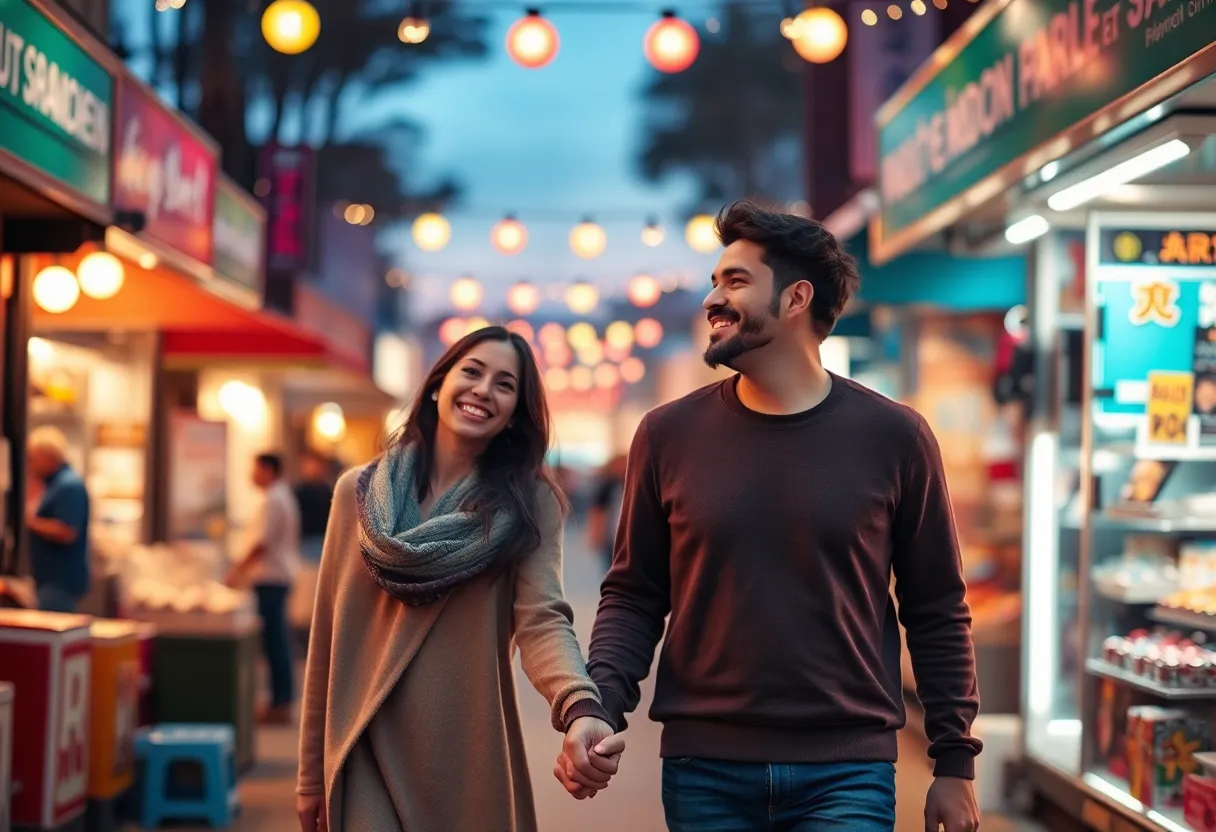 This lively scene captures a couple enjoying a romantic evening walk through a bustling street market filled with colorful stalls and twinkling fairy lights. The warm tungsten lighting enhances the cheerful atmosphere, inviting viewers to share in their joy and adventure. The strategic composition and soft background blur emphasize their connection amidst the vibrant market bustle.
