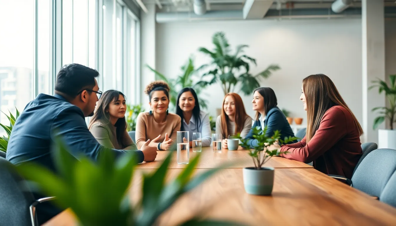 This photorealistic image showcases a diverse group of professionals collaborating around a modern wooden table in a bright coworking space. Illuminated by natural light filtering through large windows, the scene captures the essence of teamwork and creativity. The calming, muted color palette enhances the professional environment, while lush green plants add a touch of nature. The soft focus on the brainstorming team creates an inviting and collaborative mood.