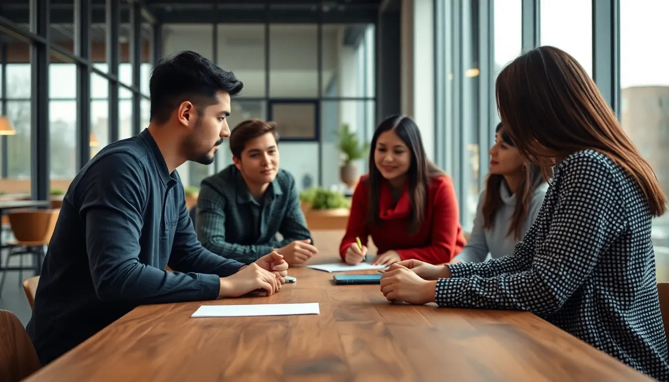In this vibrant coworking space, a diverse group of young professionals is engaged in a lively brainstorming session around a sleek wooden table. The soft, diffused natural light creates a warm atmosphere, enhancing the rich textures of their clothing and the table. The image features an inviting environment filled with plants and modern decor, reflecting a dynamic and inclusive workspace. This scene captures the essence of modern collaboration and creativity.