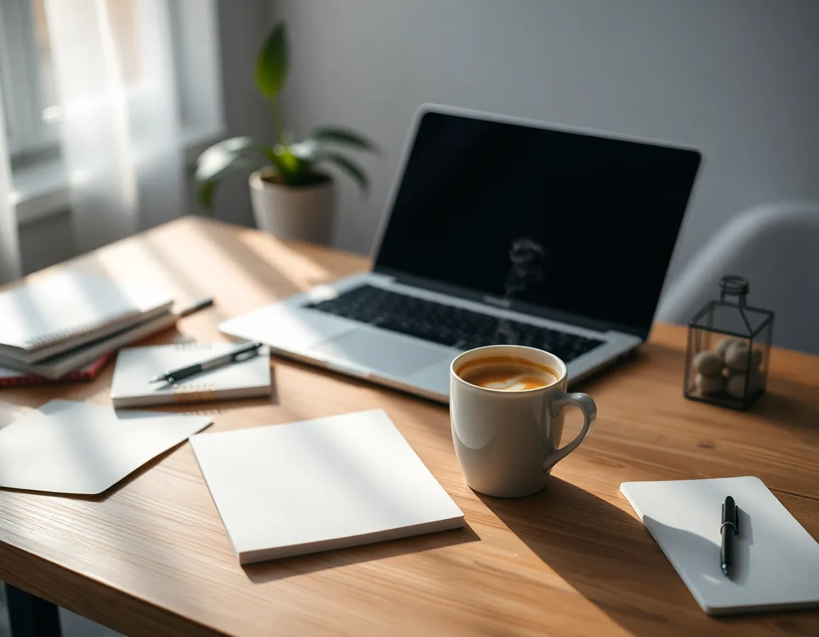 This image showcases a beautifully arranged desk within a coworking space, featuring artful stationery, a laptop, and a steaming coffee cup. Soft morning light casts a serene glow, enhancing the textures and details of the objects. The calming pastel colors and natural wood tones create a creative atmosphere, and the overhead perspective invites viewers to appreciate the thoughtful organization of the workspace.