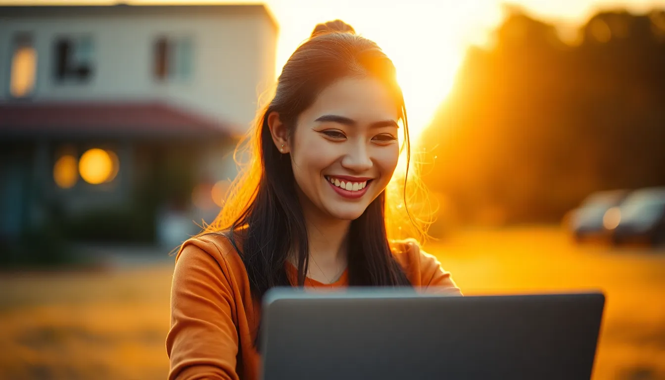 Focused Young Woman in a Creative Coworking Space A young woman smiles as she works on her laptop in a stylish coworking space during golden hour. The warm backlighting highlights her features, creating a cheerful and inviting atmosphere. Vibrant teal and orange tones add a cinematic feel to the image, with the surrounding workspace softening into soft bokeh. This scene emphasizes the joy of creativity and productivity in a modern work environment.
