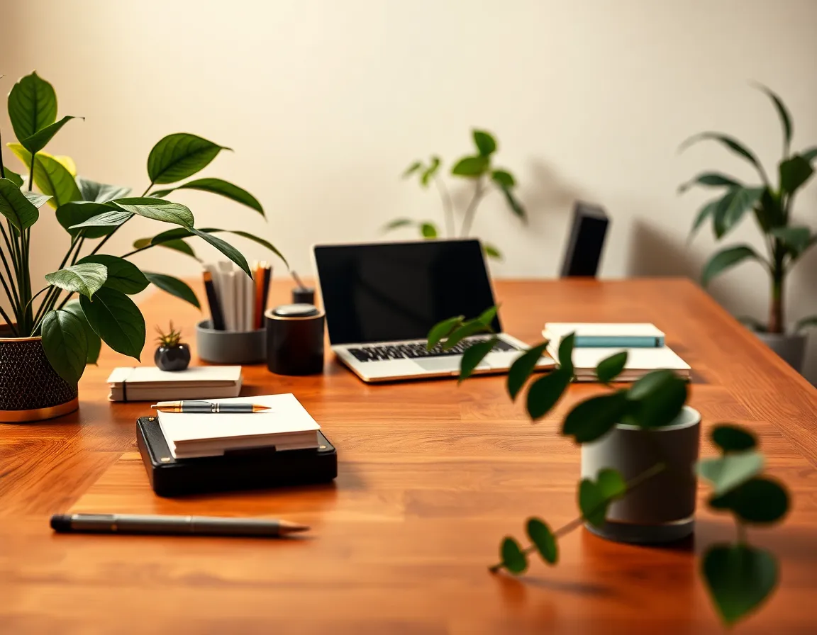 A beautifully arranged office desk in a coworking environment highlights the importance of aesthetics in productivity. With a focus on elegant stationery and a touch of greenery, the setup evokes a sense of calm and inspiration. The warm lighting creates a cozy atmosphere, while the soft textures of the wooden desk and vibrant plant leaves invite creativity. This image represents the balance between functionality and style in modern workspaces.