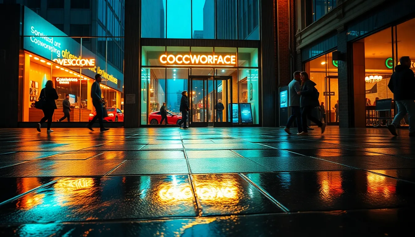 This captivating image portrays the entrance of a lively urban coworking space during a rainy evening, with vibrant neon lights reflecting on the wet pavement. The dynamic Dutch angle adds energy to the scene, showcasing individuals bustling in and out of the space, embodying the spirit of modern entrepreneurship. The cinematic color grading enhances the atmosphere, creating a striking visual narrative.