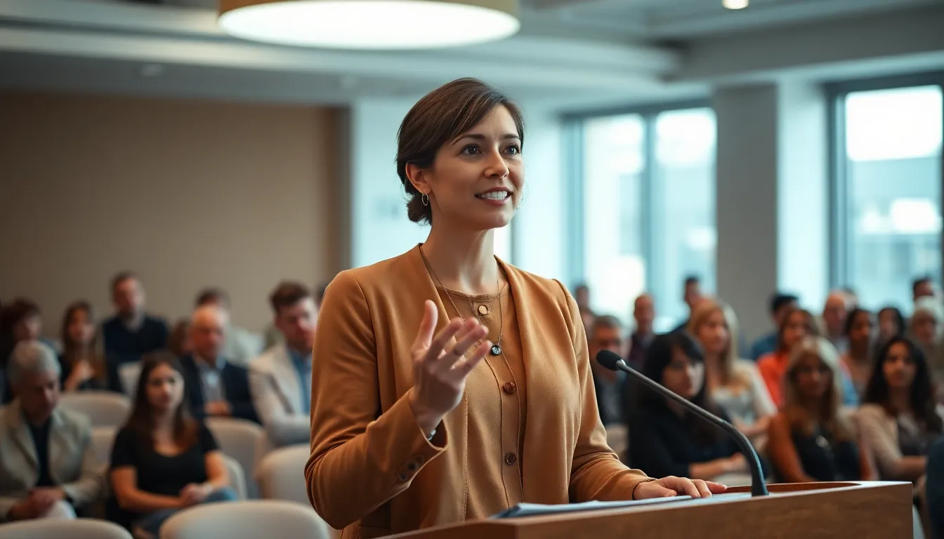 This dynamic image captures an engaged female speaker presenting at a seminar in a modern coworking space. The bright and airy setting, highlighted by effective lighting, emphasizes her expressions and gestures. A shallow depth of field keeps the focus on her while softly blurring the audience. This image conveys professionalism and approachability, making it ideal for business and workshop themes.