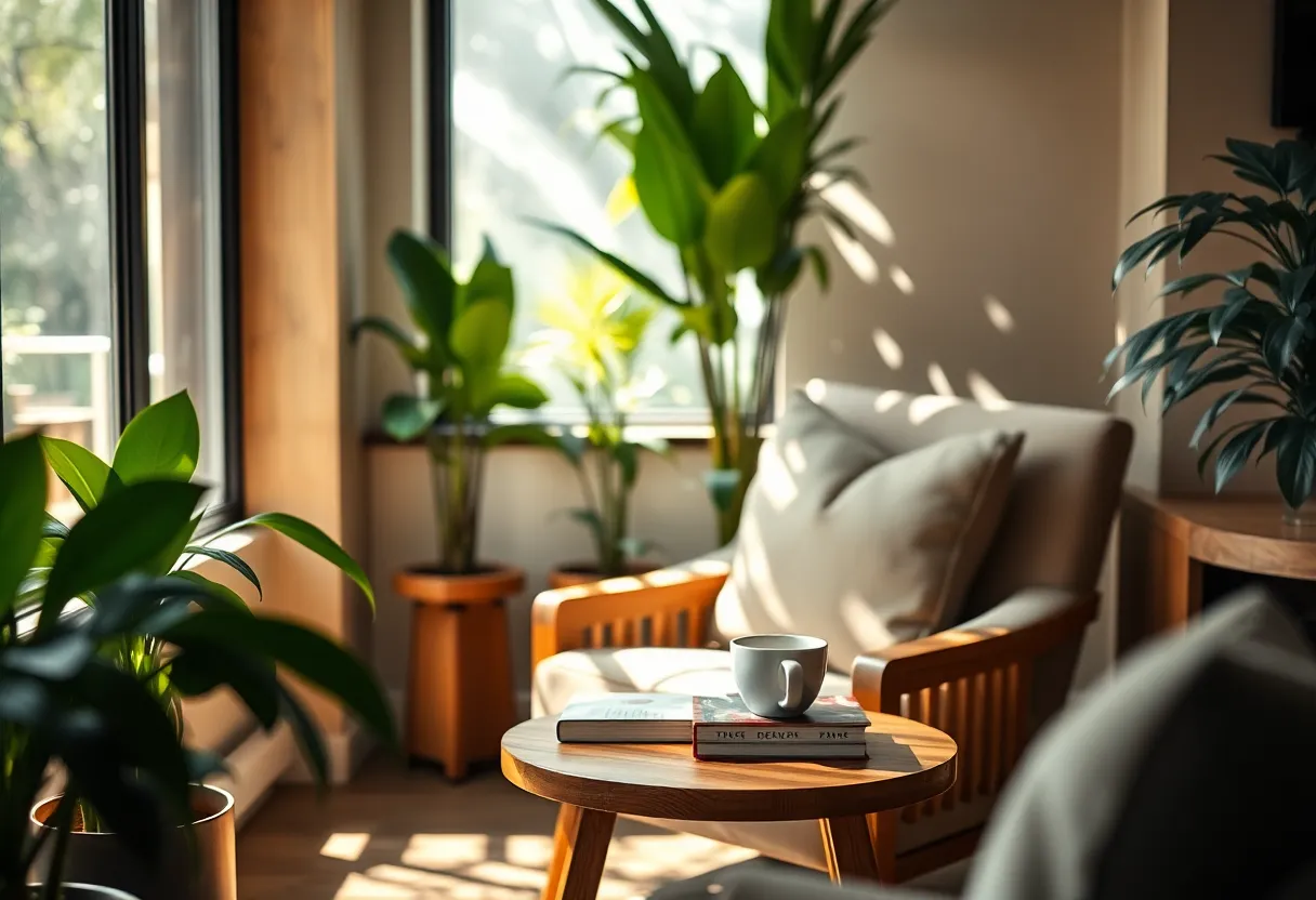 This serene reading nook in a coworking space invites creativity and relaxation, featuring plush seating and a small wooden table adorned with books and a coffee cup. Dappled sunlight filters through the surrounding plants, enhancing the warm atmosphere. The macro perspective captures the intricate textures of the materials, creating an inviting retreat for individuals seeking inspiration or a quiet moment away from their desks.