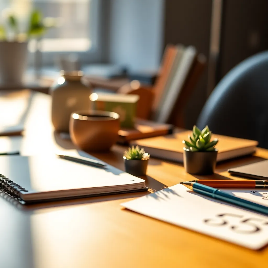 This close-up image showcases a stylish coworking desk adorned with artistic stationery, a planner, and a vibrant succulent plant. The warm, diffused light enhances the textures and creates a cozy atmosphere. The shallow depth of field draws focus to the intricate details of the desk items while blurring the background into a soft haze. The natural color palette adds sophistication, making this a perfect portrayal of a modern workspace.