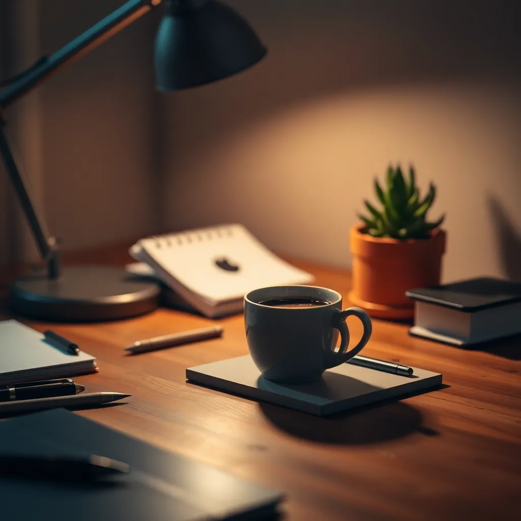 This close-up image reveals a beautifully arranged desk setting in a coworking space, featuring stylish stationery, a steaming cup of coffee, and a vibrant succulent. The warm light from a tungsten desk lamp casts inviting shadows, enhancing the textures of the wooden surface and the details of each item. The shallow depth of field directs attention to the desk's tranquil setup, evoking a mood of calm focus and creativity, ideal for a productive workspace.