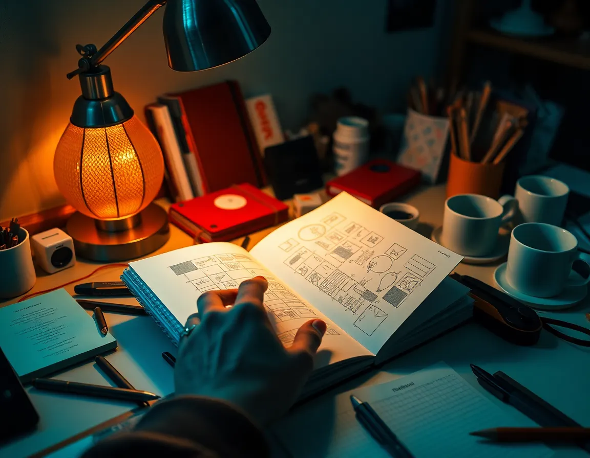 This image captures a close-up of a cluttered desk within a cozy coworking space, illuminated by the warm glow of a tungsten desk lamp. The selective focus highlights a sketchbook filled with vibrant ideas, while personal items like a coffee cup and stationery surround it. The cinematic teal and orange color grading enhances the creative atmosphere, inviting viewers to immerse themselves in the world of inspiration and productivity.