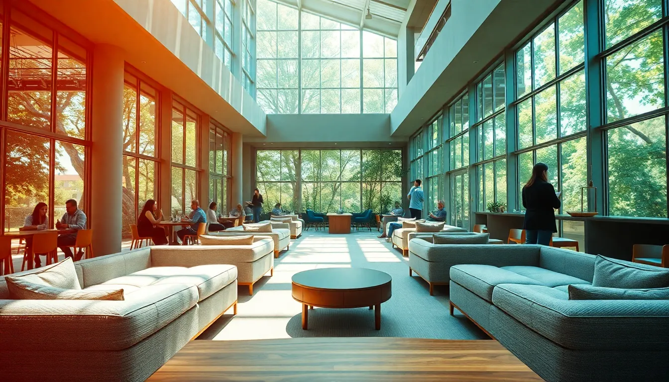 This vibrant image captures the lively atmosphere of a coworking lounge, where individuals engage in animated conversations amidst a stylish contemporary setting. Dappled sunlight pours in through large windows, creating a play of light and shadow that enhances the textures of plush seating and wooden accents. The cinematic teal and orange color grading adds energy and warmth to the scene, inviting viewers to immerse themselves in this dynamic, collaborative environment. The symmetrical composition elevates the architectural elegance of the space.