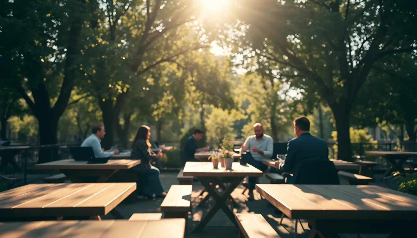 An outdoor coworking space is alive with professionals engaged in discussions under a canopy of trees, as dappled sunlight creates enchanting bokeh. Rustic wooden tables provide a natural feel, inviting creativity and collaboration. The soft, muted colors emphasize the harmony between work and nature, while leading lines subtly draw the viewer’s gaze toward the lively gathering. This image beautifully captures the essence of working in a refreshing, outdoor environment.