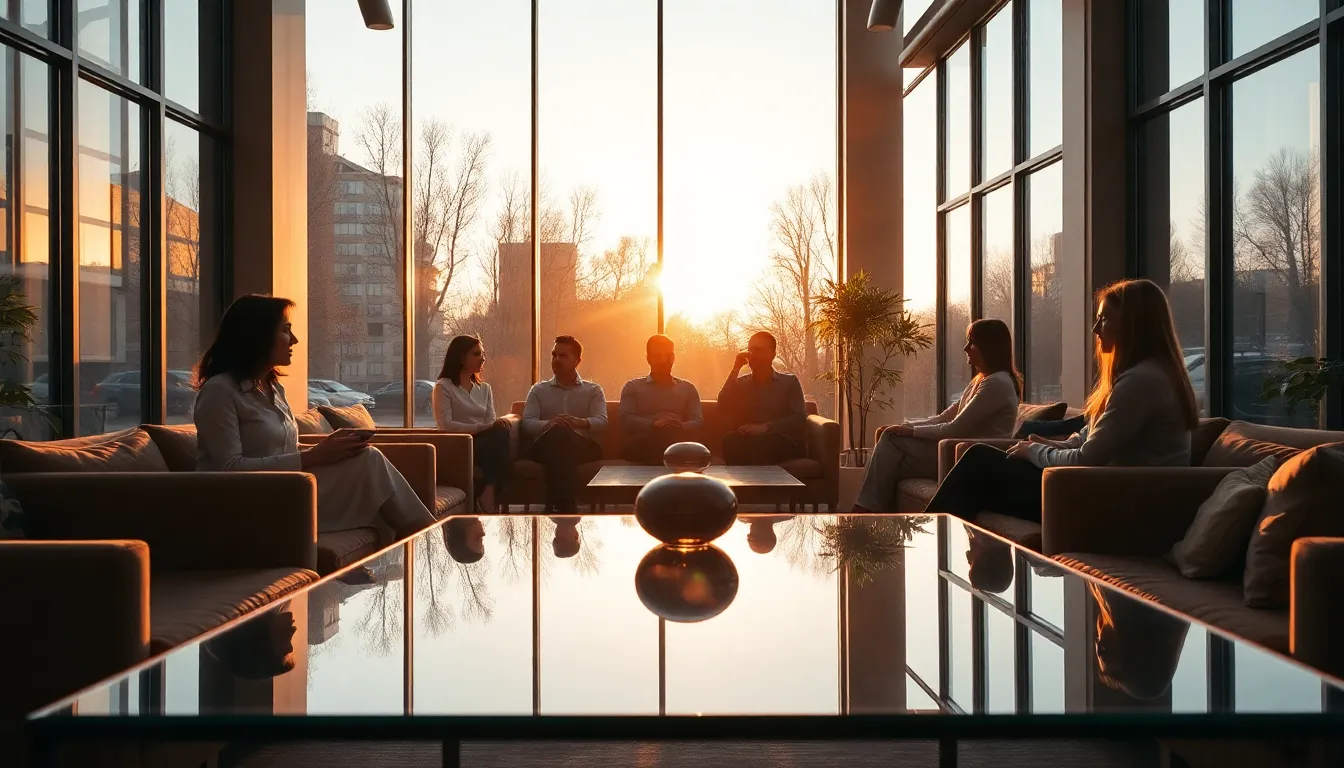 This striking image captures a sophisticated meeting room within a modern coworking space, bathed in golden hour light. Participants engage in an animated discussion, with warm rim lighting enhancing their features. The plush seating and sleek glass surfaces create a stylish atmosphere, while the natural muted tones contribute to the overall professionalism of the scene. This image encapsulates the essence of productive collaboration in a modern setting.