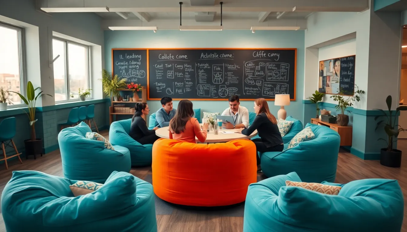 Collaborative Breakout Area in Coworking Hub This image presents a modern collaborative breakout area within a coworking hub, designed for brainstorming and teamwork. Overcast daylight fills the space with soft light, accentuating the colorful furniture and inviting atmosphere. Groups of individuals engage in lively discussions around a circular table, while the sharp focus on all elements highlights the dynamic environment. The teal and orange tones contribute to an energetic vibe, making it an ideal setting for creativity and collaboration.
