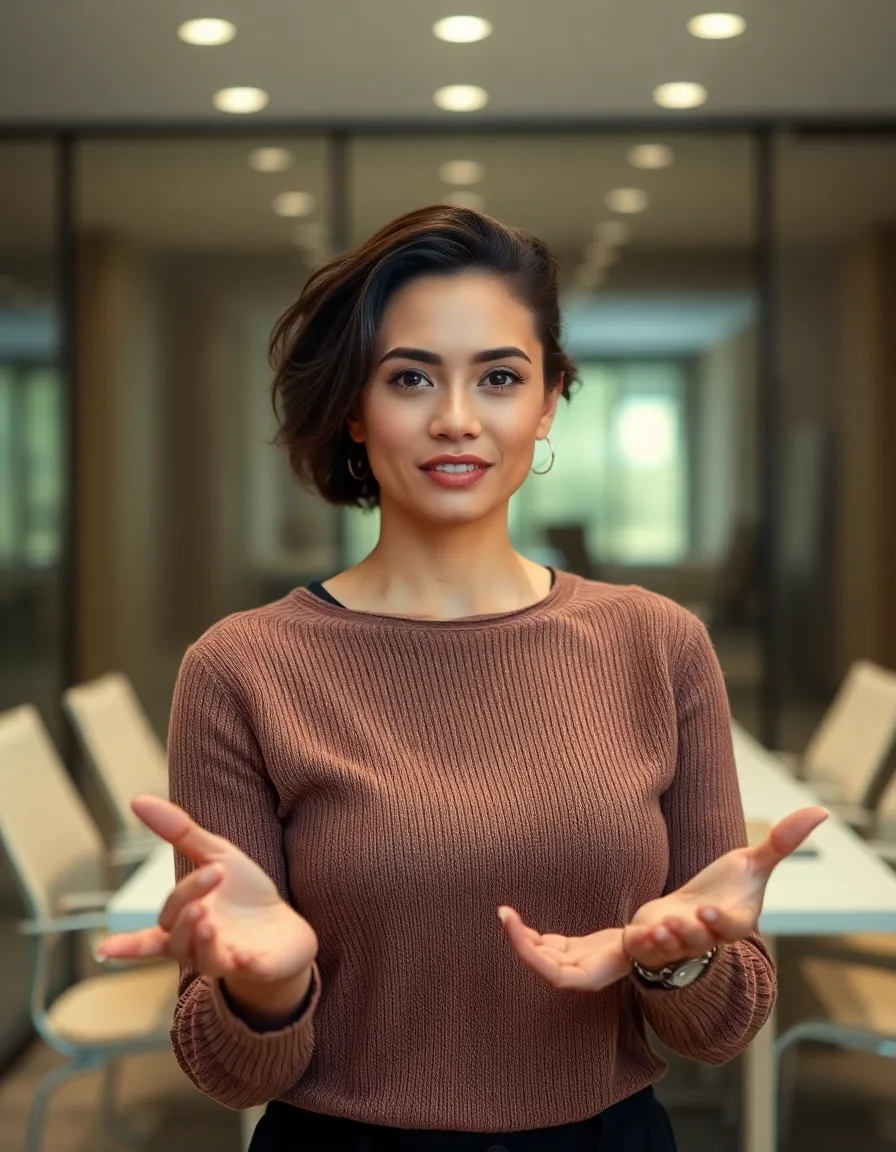 In this striking image, a confident female presenter stands at the forefront of a modern conference room, engaging her audience with poise. The soft studio lighting highlights her expressive features while blurring the sleek glass architecture behind her. The thoughtful composition and muted color palette evoke a professional yet approachable atmosphere, showcasing the power and influence of women in business. This image visually represents leadership and professionalism.