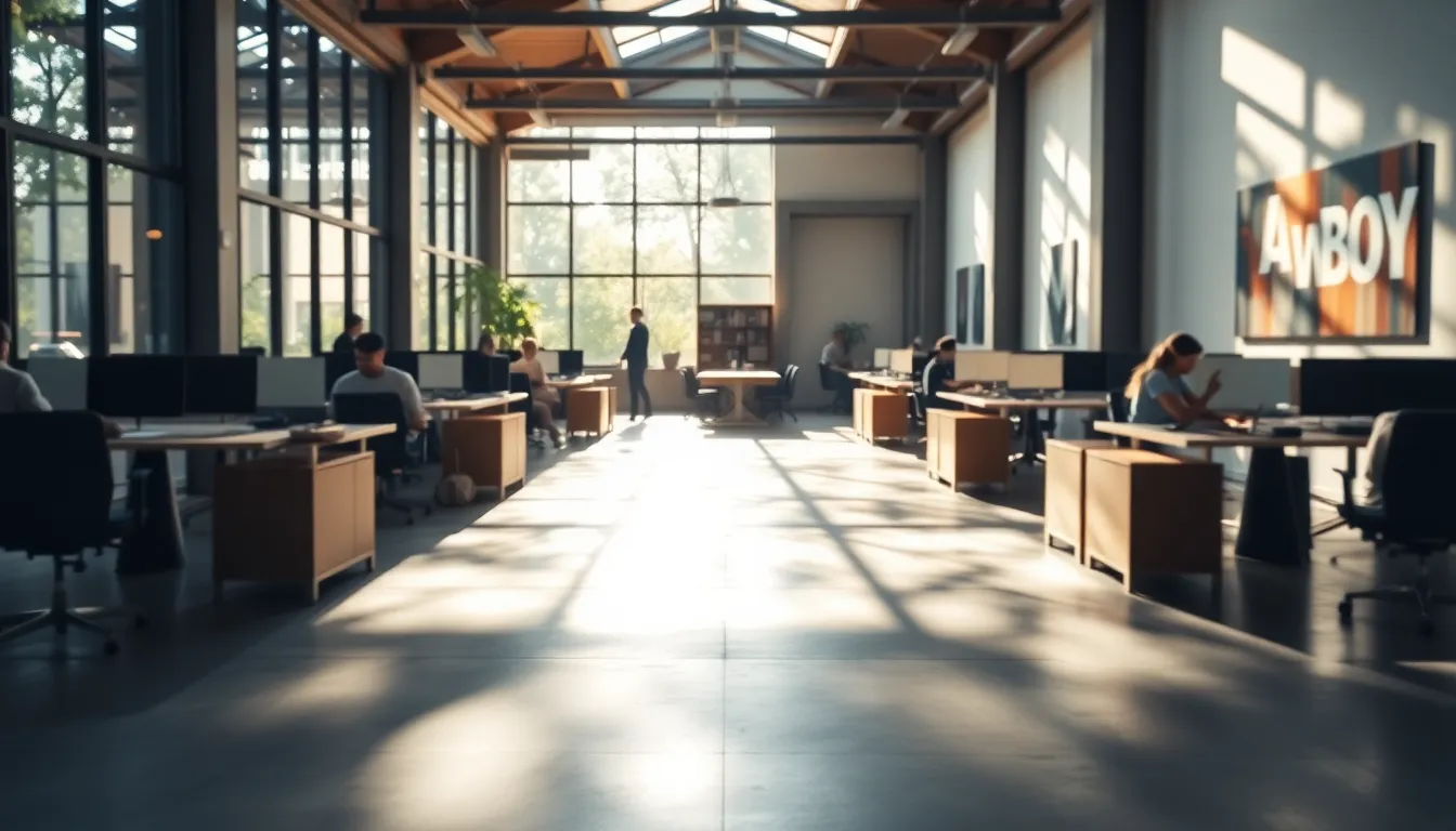 Panoramic View of Busy Coworking Space This panoramic image captures the dynamic energy of a busy coworking floor bathed in afternoon sunlight. Dappled light streams through large glass windows, introducing highlights that dance across the polished concrete surface. The hyperfocal depth ensures every detail is sharp, from the contemporary seating to the engaging wall art that enriches the atmosphere. With natural muted tones, the scene conveys warmth and community, inviting viewers to experience the lively workspace.