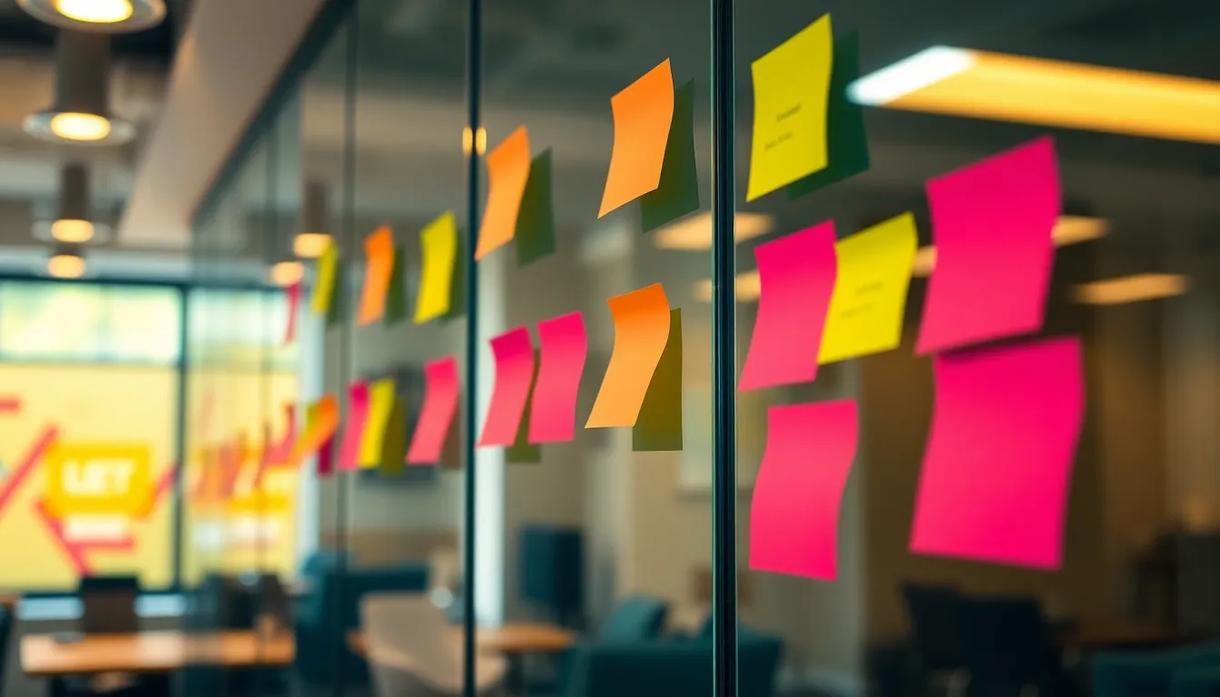 A lively brainstorming session unfolds in a coworking space, with a glass wall adorned with a vibrant array of colorful post-it notes. The warm glow of tungsten lights overhead adds to the energetic atmosphere. Captured at a dynamic angle, the image conveys a sense of organized chaos where ideas are freely exchanged. The playful color palette enhances the mood of creativity and collaboration, inviting viewers into the innovative environment.