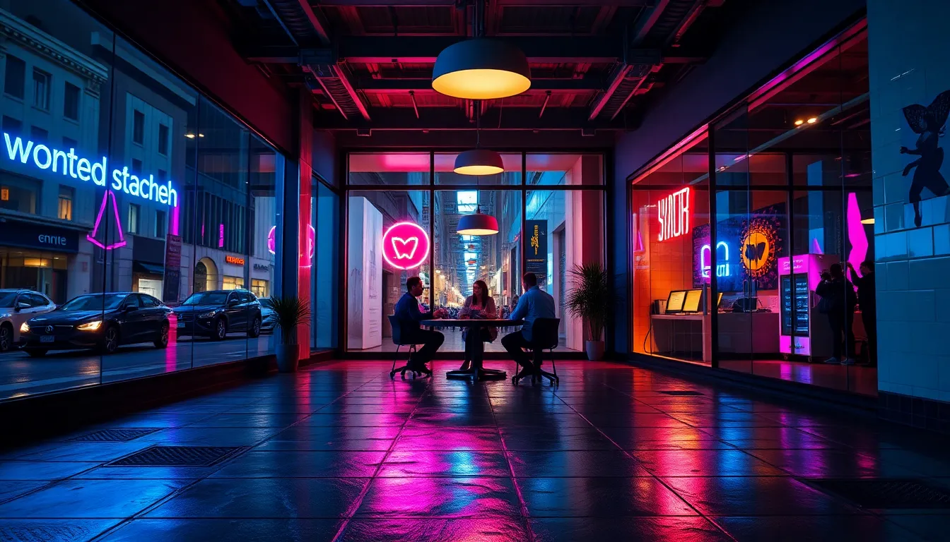 This stunning urban coworking space glows vividly under the night sky, with neon signage reflecting in the wet pavement outside. Inside, professionals gather around a large table engaged in discussion, illuminated by the soft overhead light from a butterfly setup. The cinematic teal and orange color grading adds drama to the scene, enhancing the vibrant atmosphere. Large glass windows create a seamless connection between the dynamic city life and the energizing workspace.