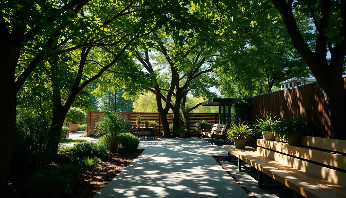 This tranquil scene showcases an outdoor coworking area set amidst lush greenery. Sunlight filters through the leaves, casting enchanting patterns of light on the textured wooden benches. The vibrant colors of the potted plants pop against the natural backdrop, creating a refreshing and inviting workspace. The pathway leads the viewer's eye into this serene environment, emphasizing a harmonious blend of nature and productivity.