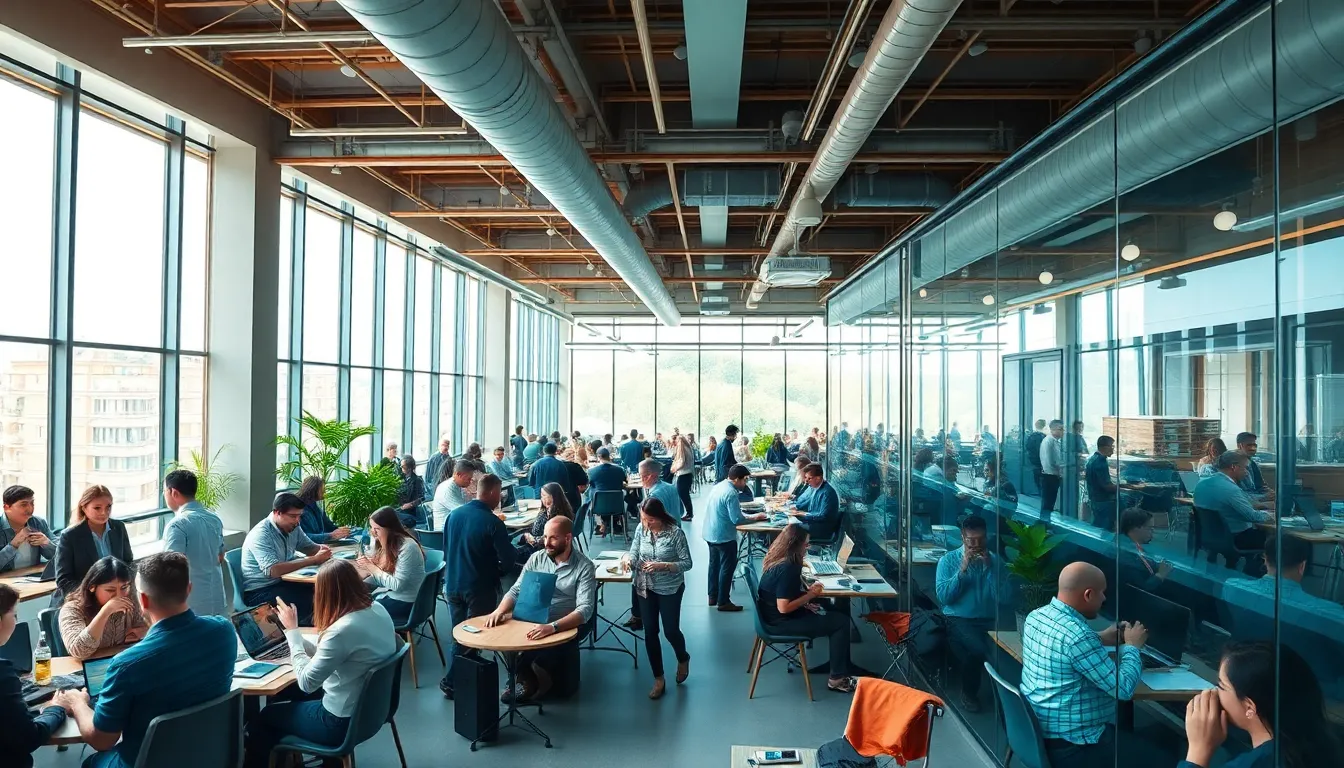 This dynamic image showcases a vibrant coworking space filled with professionals of different backgrounds engaged in discussions and creative work. With bright natural light illuminating the room, the scene is energetic and collaborative. The cinematic color grading adds artistic depth, while the various textures emphasize the modern workspace. This image is a perfect representation of a thriving coworking environment.