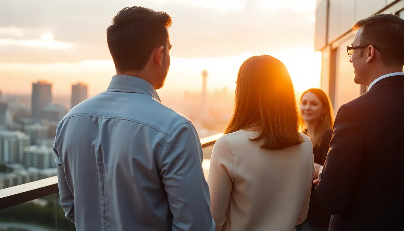 A group of professionals is captured networking and sharing ideas on a stylish rooftop terrace during golden hour, with the sun setting in the background. The warm rim light outlines their figures, creating a dynamic atmosphere against the city skyline. The bokeh highlights softly blur the urban backdrop, emphasizing the subjects and their engaged expressions. This scene illustrates the vibrant energy of modern networking in a stunning setting.
