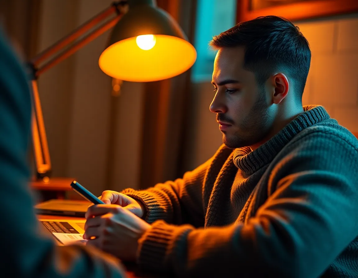 A focused entrepreneur works late into the evening, illuminated by the warm glow of a tungsten desk lamp. The selective focus reveals a laptop screen filled with vibrant infographics, capturing the essence of hard work and innovation. The cinematic color grading brings a modern and dynamic feel to the scene. The textures of the wool sweater and the warm light create a cozy yet productive atmosphere.