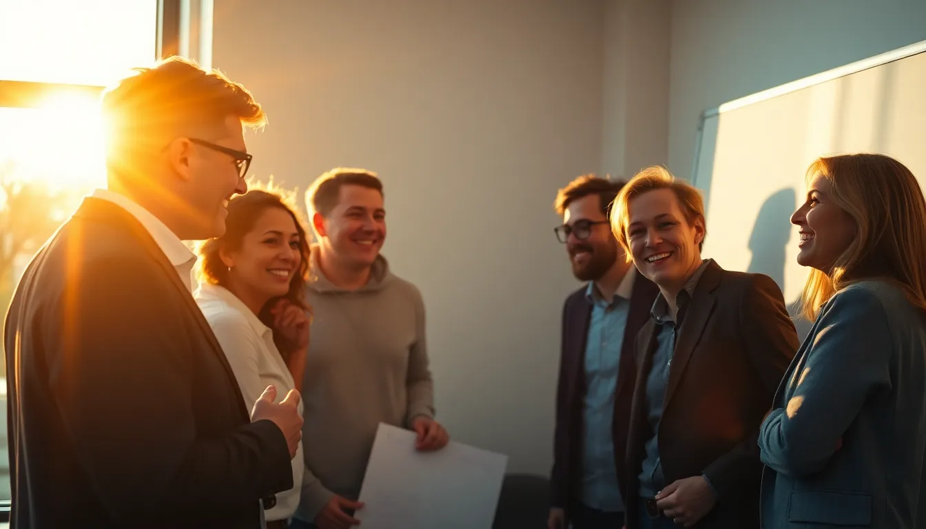 In this dynamic image, a team collaborates enthusiastically during a brainstorming session as golden hour light bathes the scene in warmth. Backlighting creates a beautiful rim light that frames their animated expressions, capturing the essence of teamwork and creativity. The inviting atmosphere is further enhanced by the contrast of teal and orange tones, making the moment truly captivating.