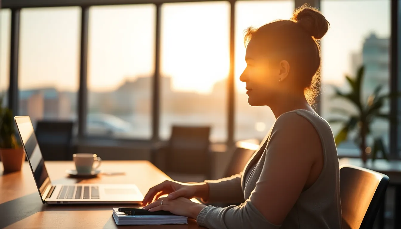 In a vibrant coworking space, a young professional leans over a desk, immersed in work as soft golden hour light filters through tall windows. The scene features a wooden desk filled with a laptop, notebooks, and a steaming coffee cup, all surrounded by a warm and inviting atmosphere. The background showcases blurred greenery from outside, enhancing the feeling of collaboration and creativity. The warm color palette captures the essence of a productive work environment.